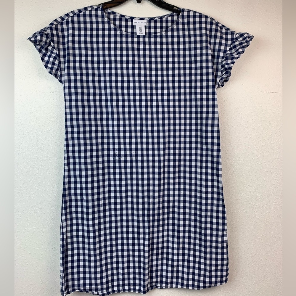 Tabitha Web stretch cotton navy blue check ruffle cap sleeve shift dress, EUC